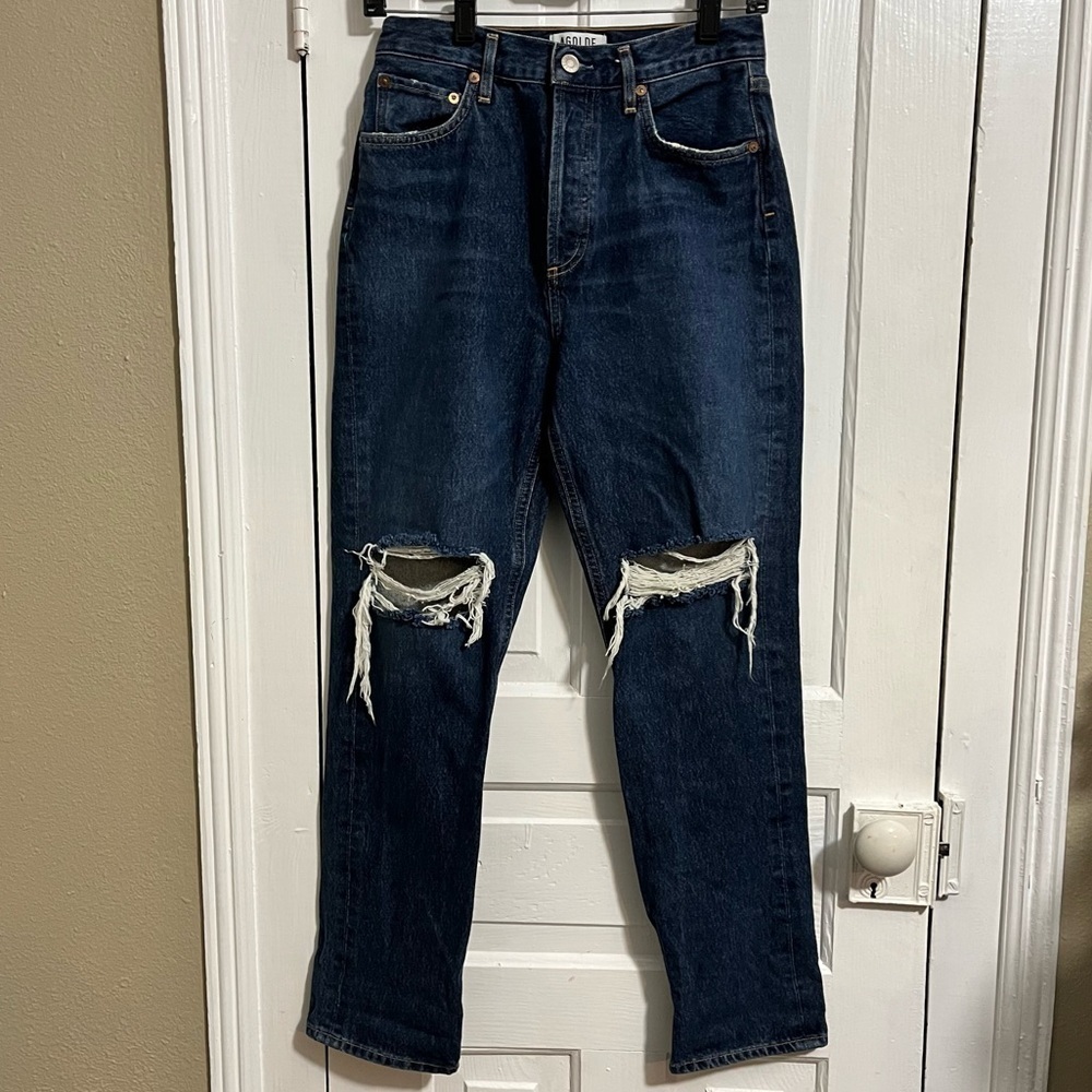 Agolde Distressed Knee Medium Dark Wash Jeans Button Fly Size 26 Y